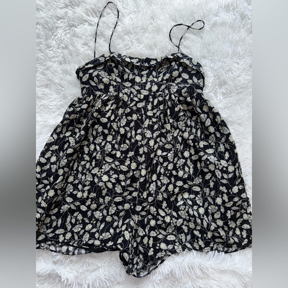 Zara Black Floral Romper with Cream Leaf Print